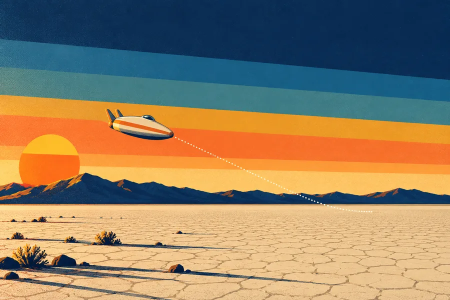 A retro poster of a small wingless craft gliding steeply down a dotted path toward a dry lakebed at dawn, with a low Sun on the left and long shadows on the cracked lakebed