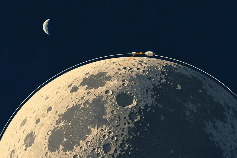 A retro poster of the Moon with a low orbit line, where a small craft climbing from the surface meets its mother ship