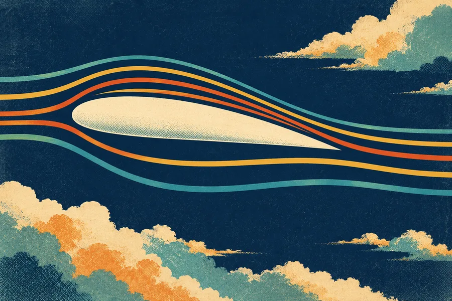A retro poster of a cream airfoil section with ribbons of air streaming smoothly around it