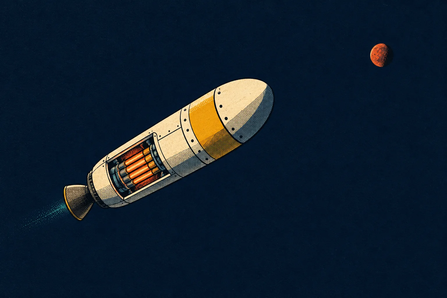 A retro poster of a chunky cream rocket with glowing reactor rods in a cutaway window and a faint teal exhaust, heading for a tiny distant Mars