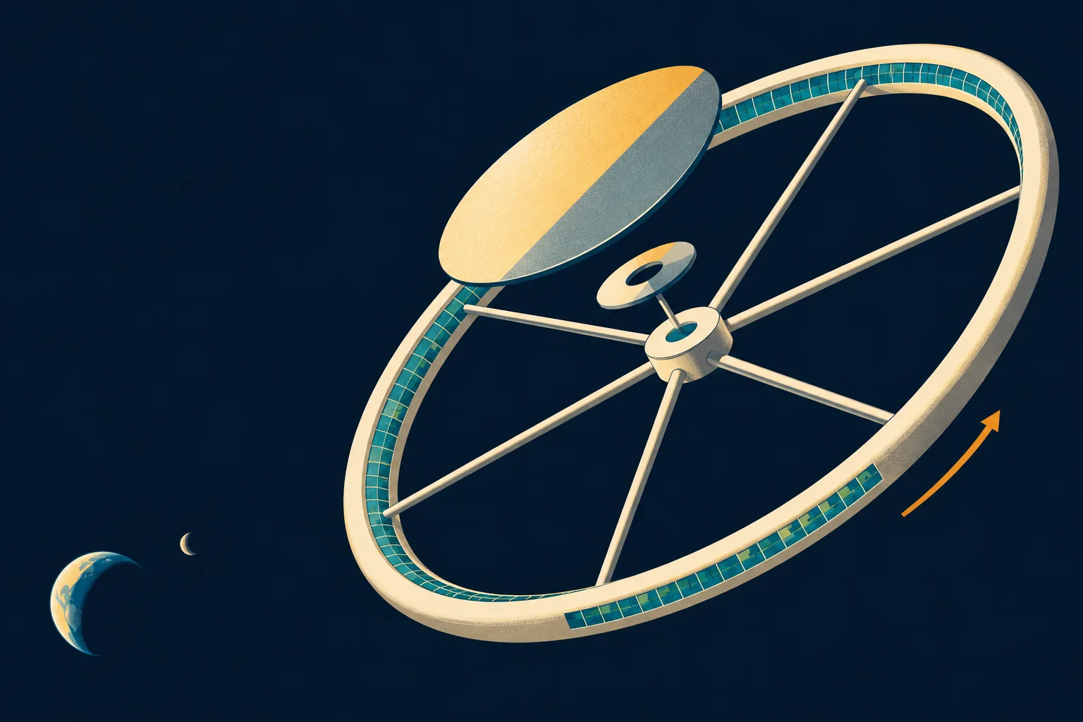 A retro poster of a thin spoked wheel in black space with a large tilted mirror above its hub, and a small crescent Earth and Moon far away