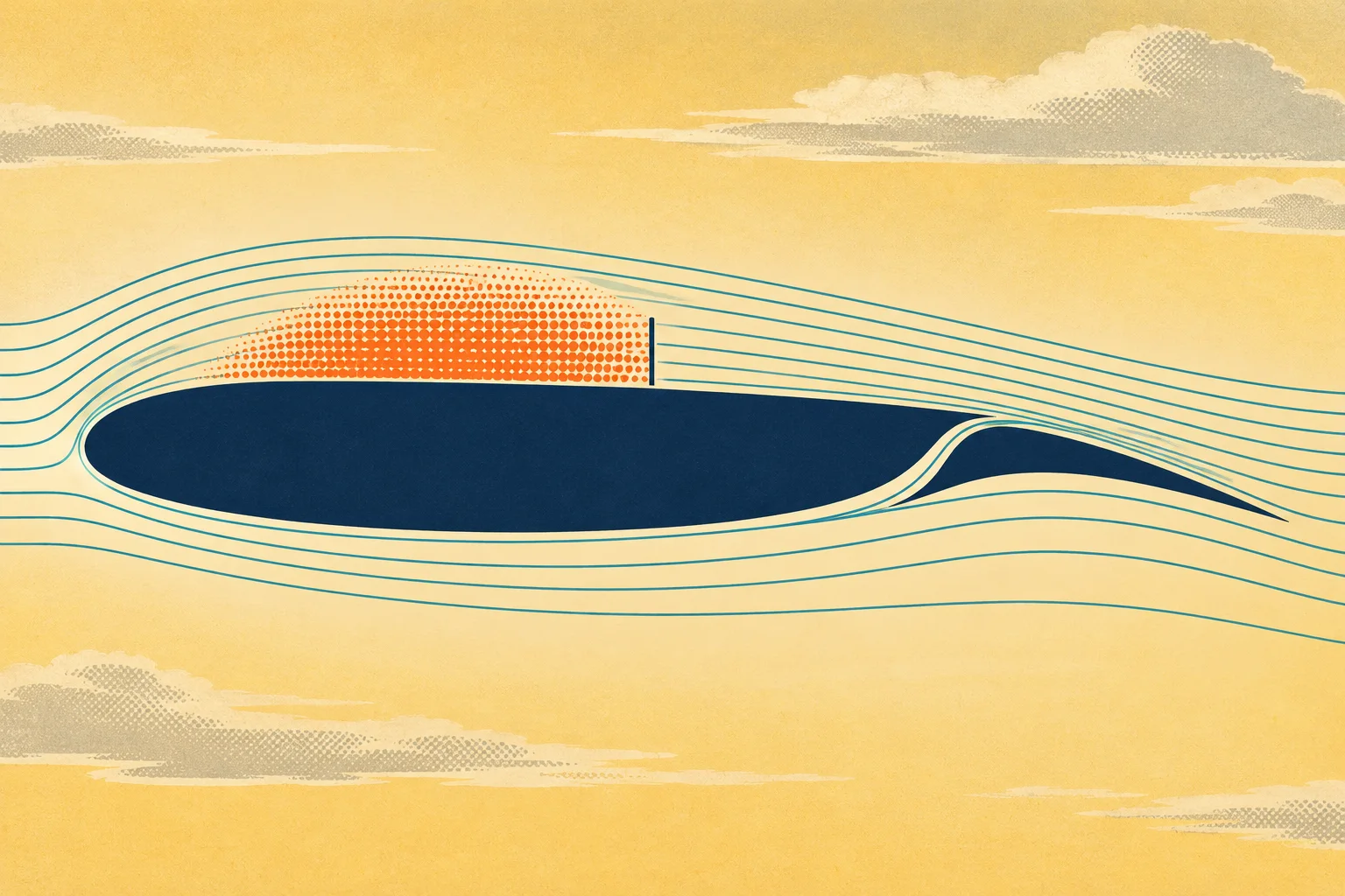 A retro poster of a navy, flat-topped airfoil with a slot near its tail, a dome of orange dots over its upper surface ended by one short vertical line, and thin teal streamlines flowing past against a mustard sky