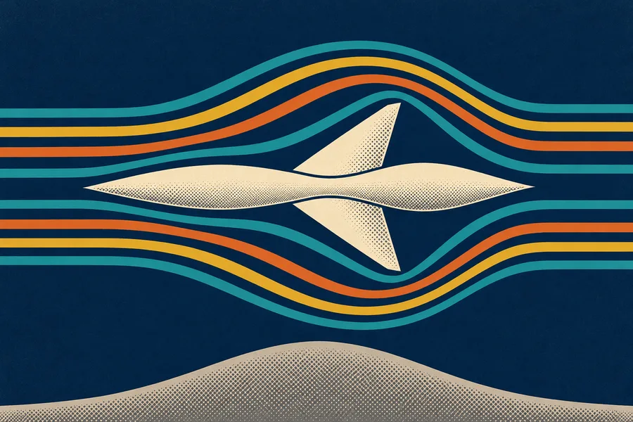 A retro poster of a cream dart with swept wings and a pinched, soda-bottle waist, seen from above, with smooth ribbons of air bowing gently around it