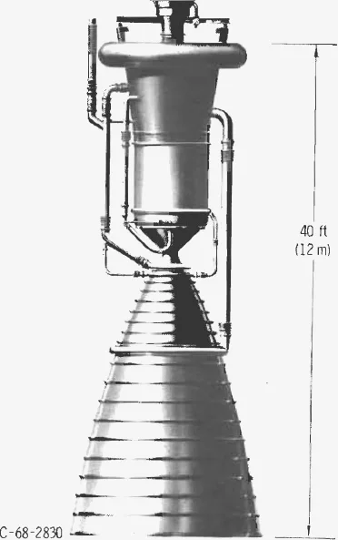 Drawing of the NERVA engine: a cylindrical reactor vessel over a long bell nozzle, with a 40-foot height dimension