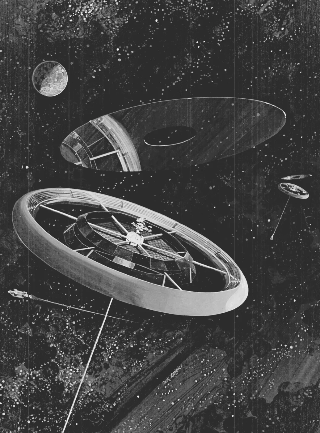 Painting of a spoked wheel-shaped space colony with a large tilted mirror disc floating above it, against a starfield