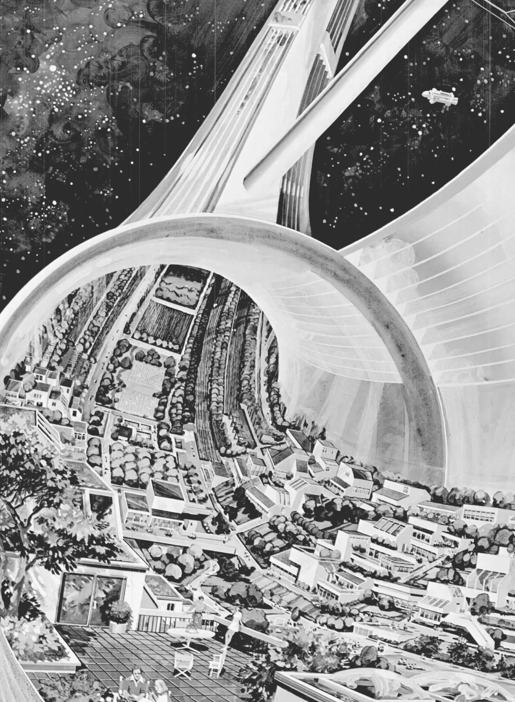 Cutaway painting of the inside of the torus tube, with terraced housing, trees and fields curving up on both sides and the spoke and mirrors visible overhead